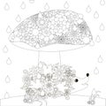 Hedgehog under mushroom coloring page. Floral cute cartoons monochrome animal